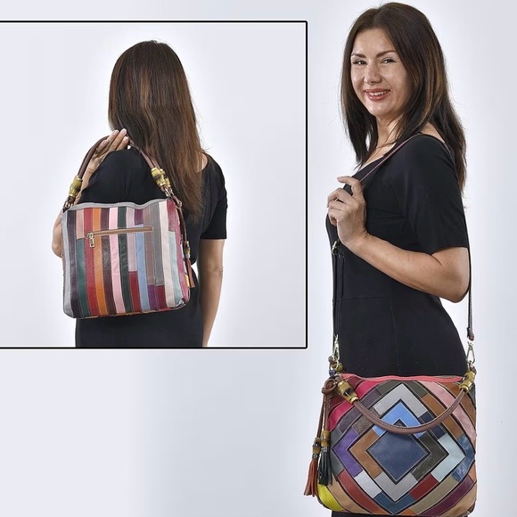 NWT CHAOS By Elsie Multi Color Solid Genuine Leather Rhombus Pattern Tote Bag - Picture 2 of 13